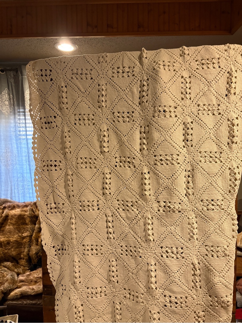 Handmade Crochet White Cream Throw Blanket 75inx85in